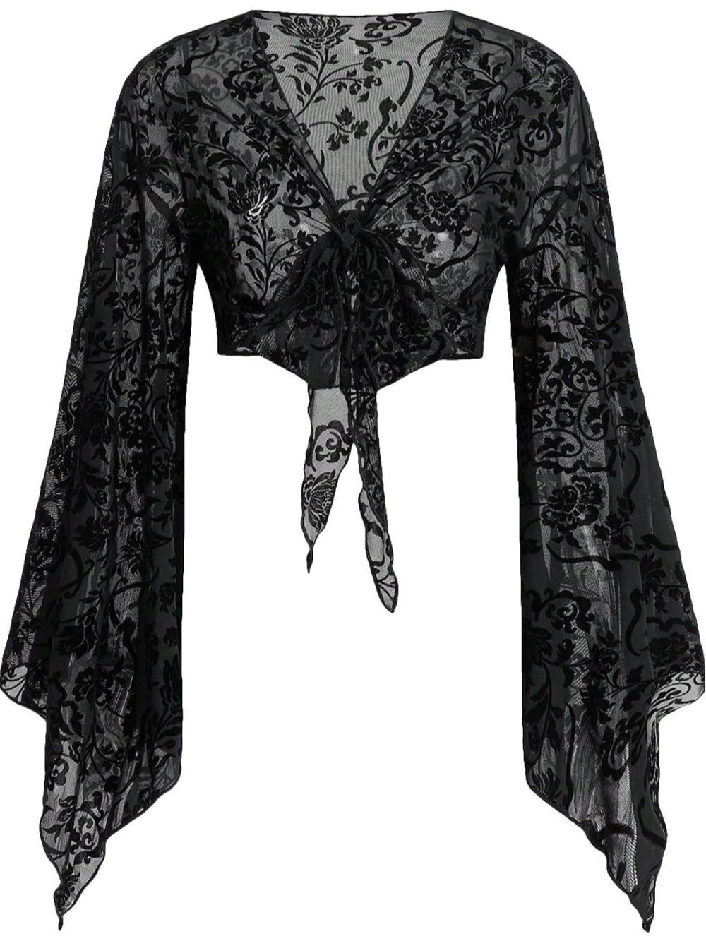 Black Sheer Floral Tie-Front Shrug Bolero